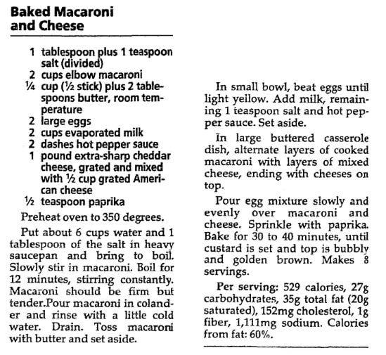 A recipe for macaroni and cheese, Milwaukee Journal Sentinel newspaper article 7 June 2000