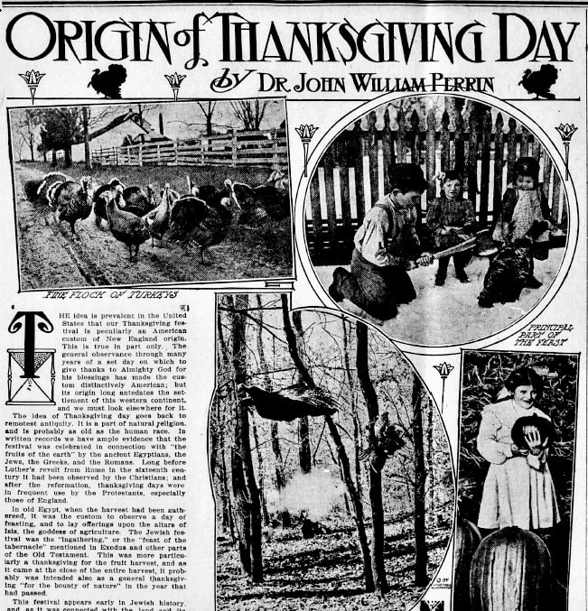 An article about the origins of Thanksgiving, Morris County Chronicle newspaper article 26 November 1912