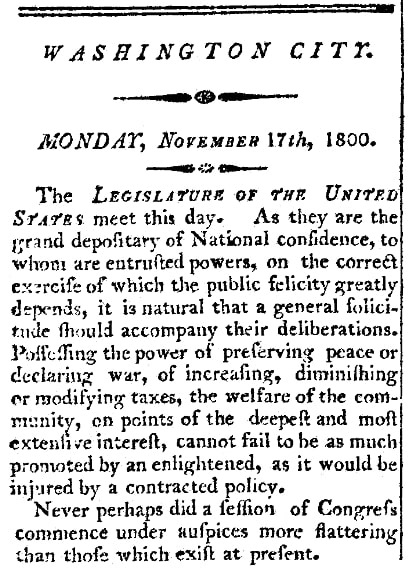 An article about Congress, National Intelligencer and Washington Advertiser newspaper article 17 November 1800
