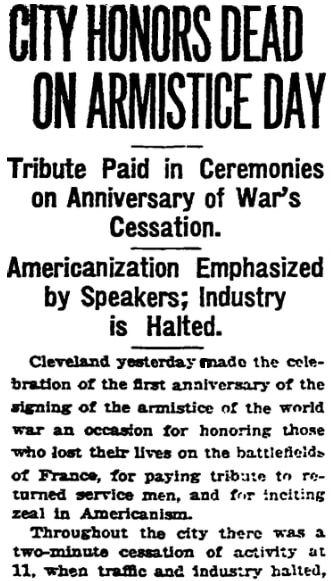 An article about Armistice Day, Plain Dealer newspaper article 12 November 1919