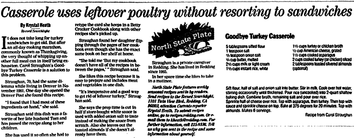 A turkey recipe, Record Searchlight newspaper article 23 November 2005