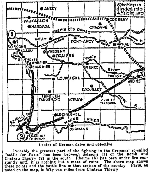 A WWI battle map, San Jose Mercury News newspaper article 10 June 1918