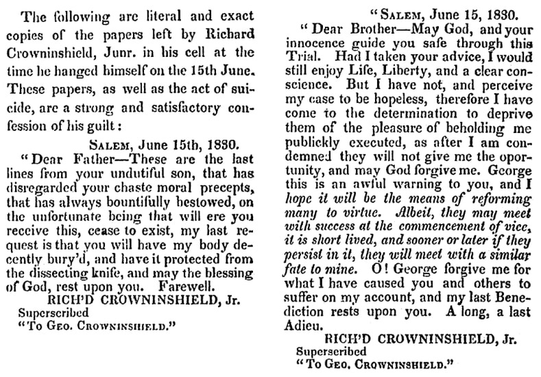 An article about the confession of Richard Crowninshield, Saratoga Sentinel newspaper article 23 November 1830
