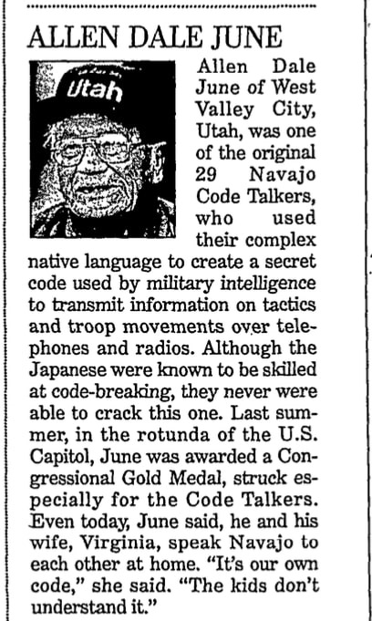 An article about a Navajo Code Talker in WWII, Times-Picayune newspaper article 8 December 2001