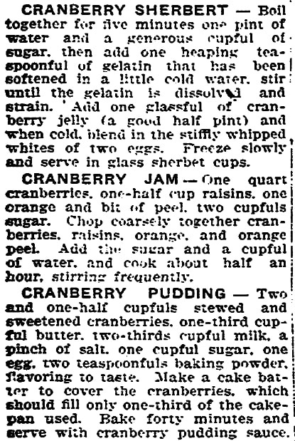An article with cranberry recipes, Trenton Evening Times newspaper article 20 December 1916