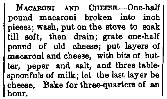 A recipe for macaroni and cheese, Waupun Leader newspaper article 21 July 1876