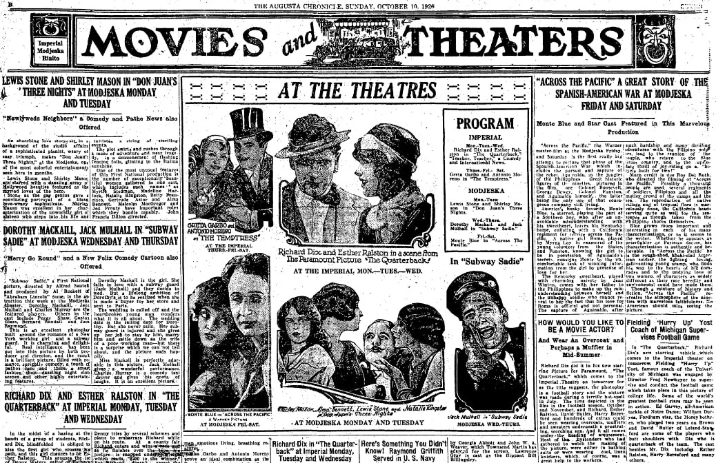 An ad for movies, Augusta Chronicle newspaper article 10 October 1926