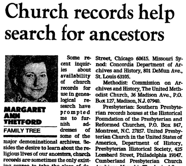 An article about church records, Dallas Morning News newspaper article 26 July 1984