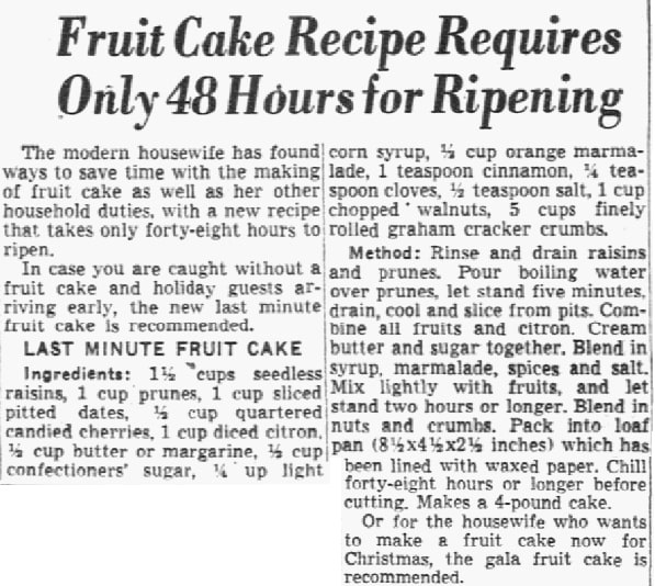 A recipe for Fruit Cake, Dallas Morning News newspaper article 27 November 1951