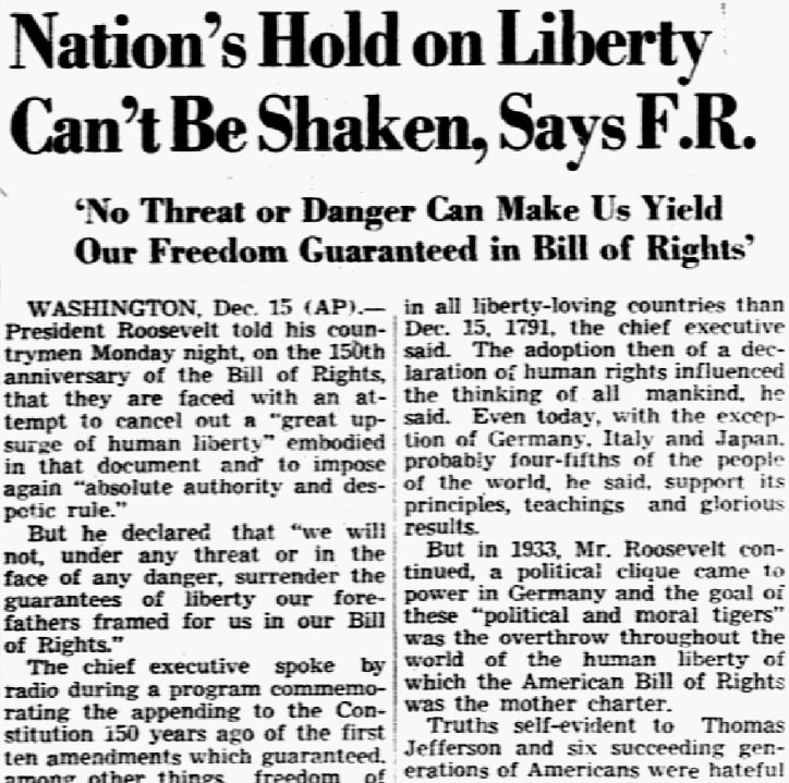 An article about Bill of Rights Day, Dallas Morning News newspaper article 16 December 1941