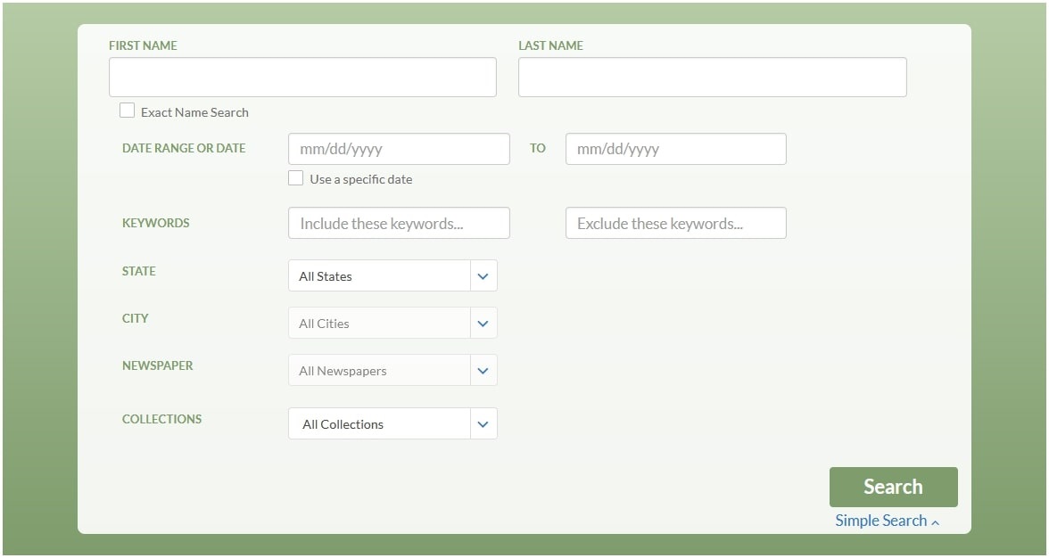 A screenshot of GenealogyBank's search form for all its collections