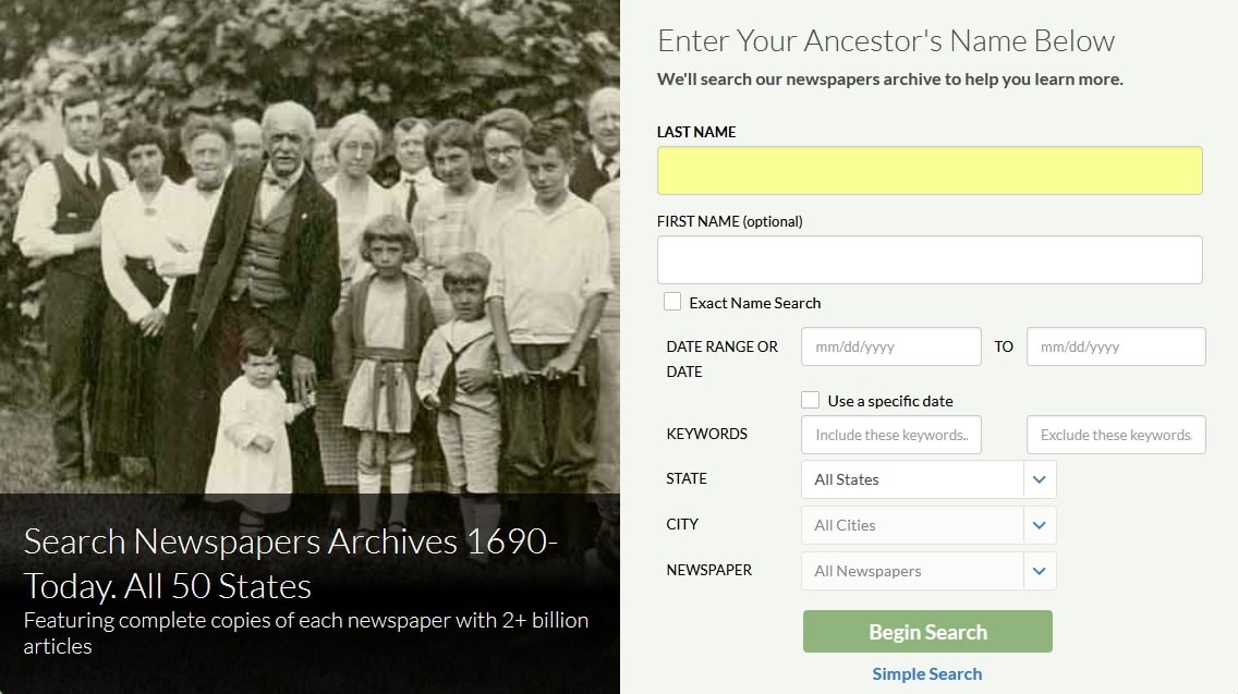 A screenshot of GenealogyBank's search form for its newspaper collection