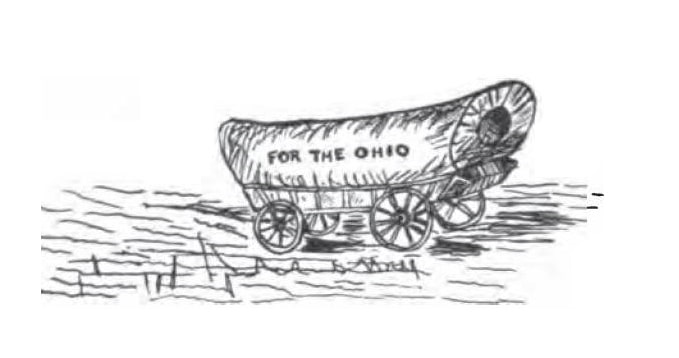Illustration: “He [Rev. Dr. Manasseh Cutler] prepared a large, well built wagon for their use, covered with black canvas on which he, himself, had painted in large white letters, 'FOR THE OHIO.” Image and quote from the book by Thomas Summers: History of Marietta, The Leader Publishing Co., Marietta, Ohio (1903). 