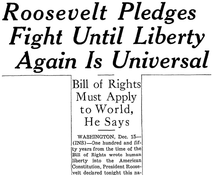 An article about Bill of Rights Day, Milwaukee Sentinel newspaper article 16 December 1941