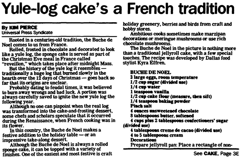 A recipe for Buche de Noel, Naples Daily News newspaper article 19 December 1991