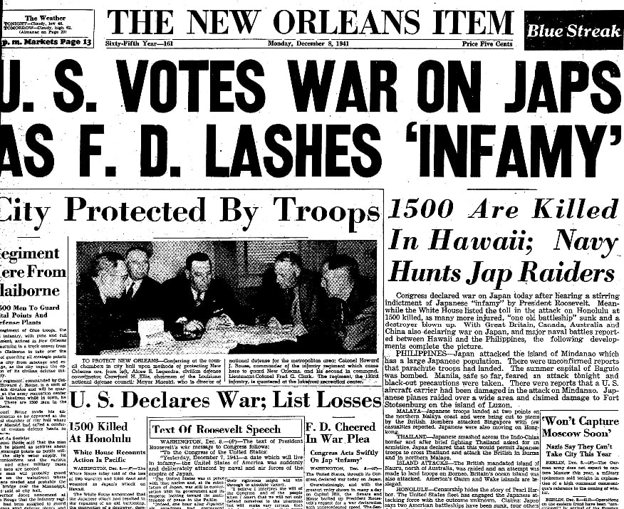 An article about the Japanese attack on Pearl Harbor, New Orleans Item newspaper article 8 December 1941
