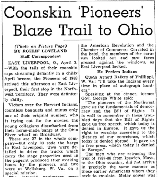 An article about the Ohio expedition reenactors, Plain Dealer newspaper article 4 April 1938