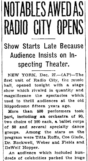 An article about Radio City Music Hall, Plain Dealer newspaper article 28 December 1932
