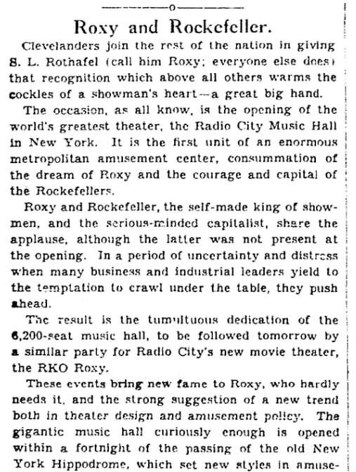 An article about Radio City Music Hall, Plain Dealer newspaper article 29 December 1932