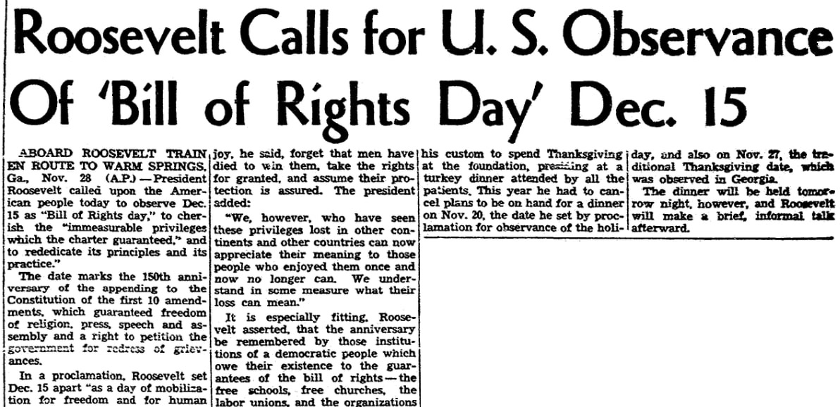 An article about Bill of Rights Day, San Diego Union newspaper article 29 November 1941