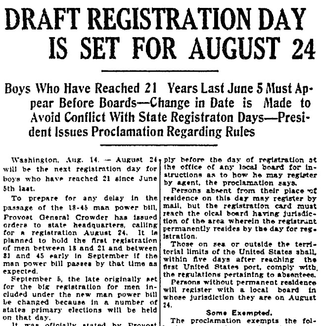 An article about WWI draft registration, Wilkes-Barre Times-Leader newspaper article 14 August 1918