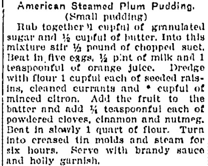 A recipe for American Plum Pudding, Wilkes-Barre Times-Leader newspaper article 2 December 1918