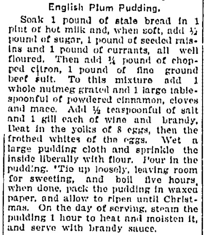 A recipe for English Plum Pudding, Wilkes-Barre Times-Leader newspaper article 2 December 1918