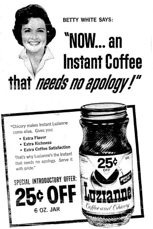 A coffee ad featuring Betty White, Atlanta Journal newspaper article 30 September 1964