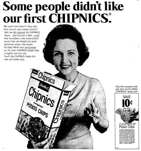 A potato chip ad featuring Betty White, Daily Gazette newspaper article 21 April 1966
