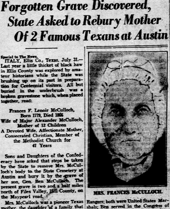 An article about the grave of Francis McCulloch, Dallas Morning News newspaper article 1 August 1937