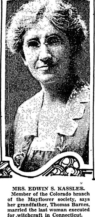 An article about Mrs. Edwin Kassler, a Mayflower descendant, Denver Post newspaper article 5 January 1930