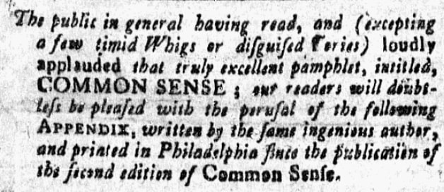 An article about Thomas Paine's "Common Sense," New England Chronicle, or Essex Gazette newspaper article 21 March 1776