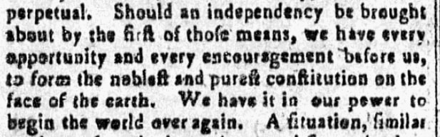 An article about Thomas Paine's "Common Sense," New England Chronicle, or Essex Gazette newspaper article 21 March 1776