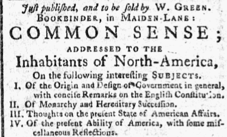 An article about Thomas Paine's "Common Sense," New-York Gazette, and Weekly Mercury newspaper article 22 January 1776