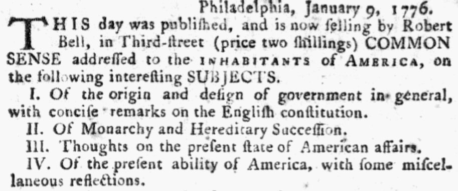 An article about Thomas Paine's "Common Sense," Pennsylvania Evening Post newspaper article 13 January 1776