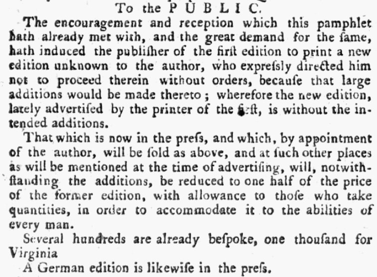 An article about Thomas Paine's "Common Sense," Pennsylvania Evening Press newspaper article 25 January 1776