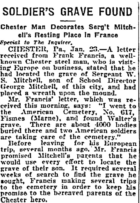 An article about Walter Mitchell's grave, Philadelphia Inquirer newspaper article 24 January 1920