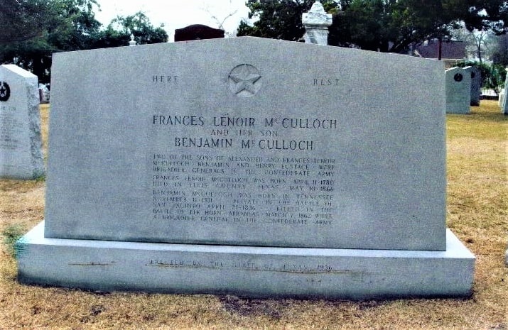 Photo: grave of Benjamin McCulloch and his mother, Francis Fisher Lenoir McCulloch. Courtesy of the Gen. Ben McCulloch 2435 TX DIV UDC Chapter.