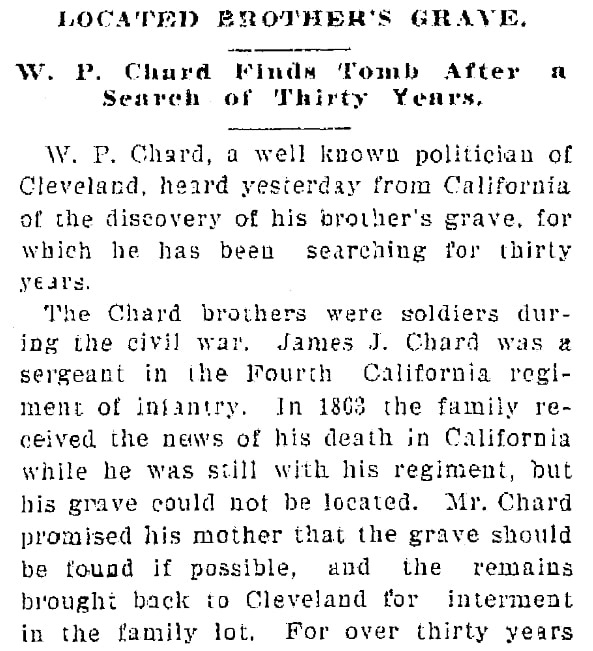 An article about the grave of James Chard, Plain Dealer newspaper article 8 March 1901