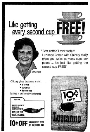 A coffee ad featuring Betty White, Richmond Times Dispatch newspaper article 15 October 1964