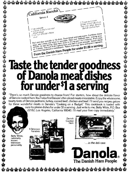 A ham ad featuring Betty White, San Diego Union newspaper article 12 February 1976