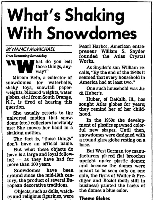 An article about snow globes, San Francisco Chronicle newspaper article 2 October 1991