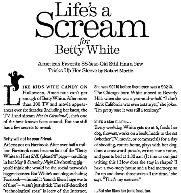 An article about Betty White, Sarasota Herald-Tribune newspaper article 31 October 2010
