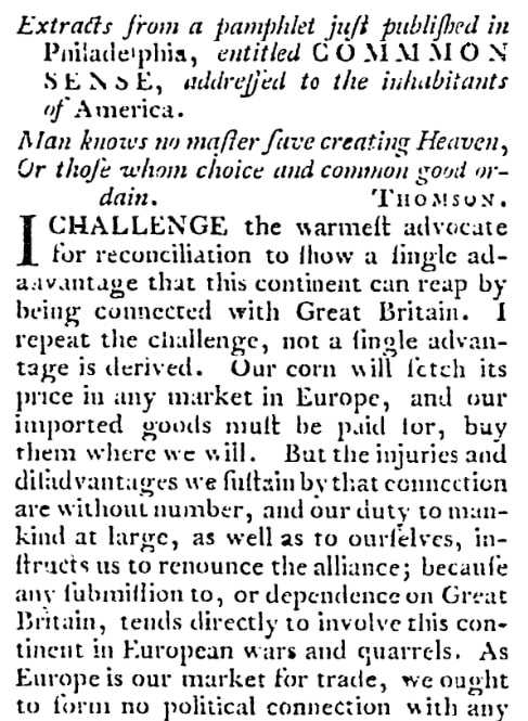 An article about Thomas Paine's "Common Sense," Virginia Gazette newspaper article 2 February 1776