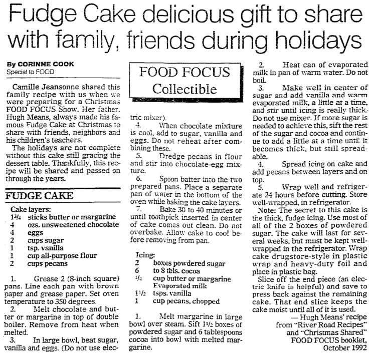 A recipe for fudge cake, Advocate newspaper article 9 November 1995