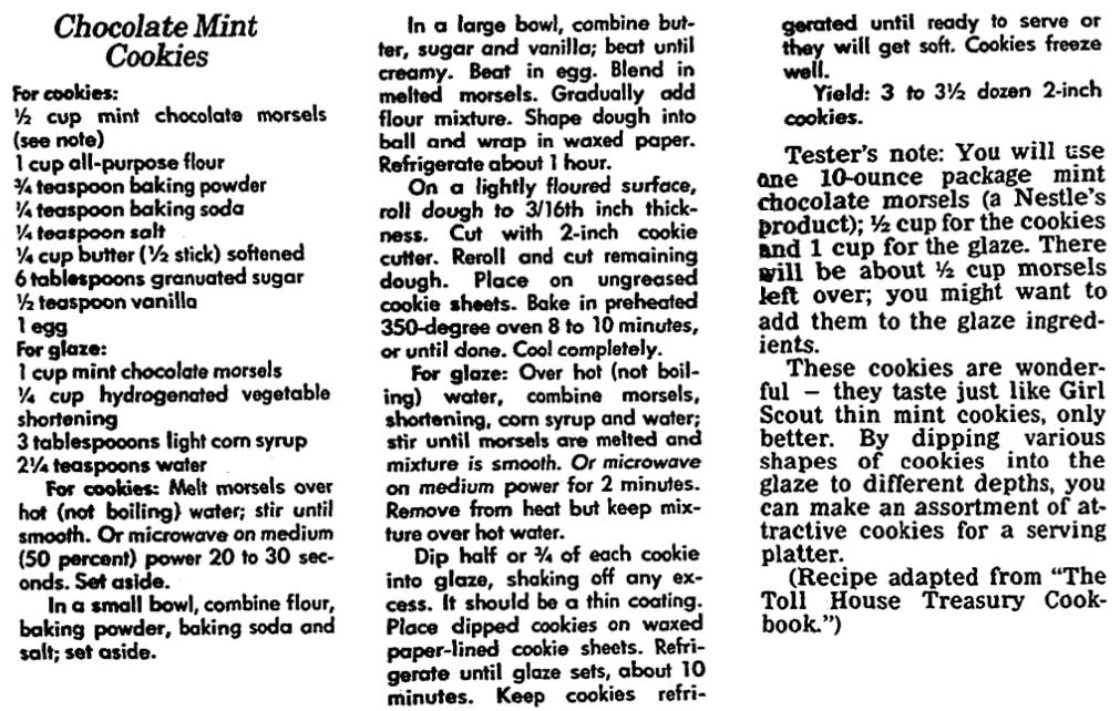 A recipe for chocolate mint cookies, Arkansas Democrat newspaper article 29 November 1989
