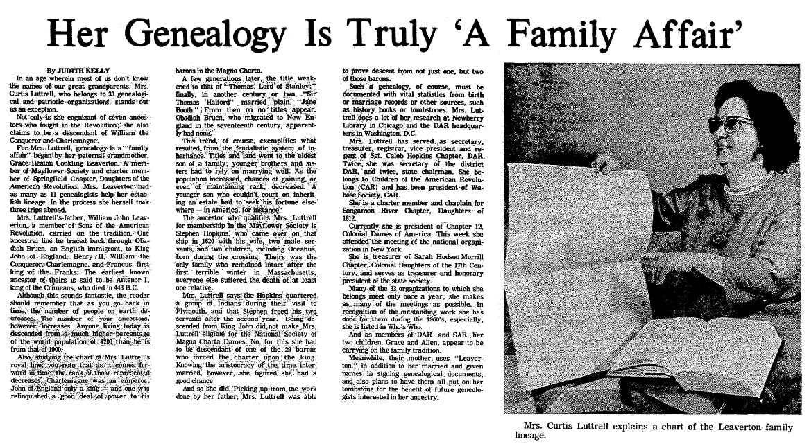 An article about Mary Leaverton Luttrell, Daily Illinois State Journal newspaper article 5 May 1974