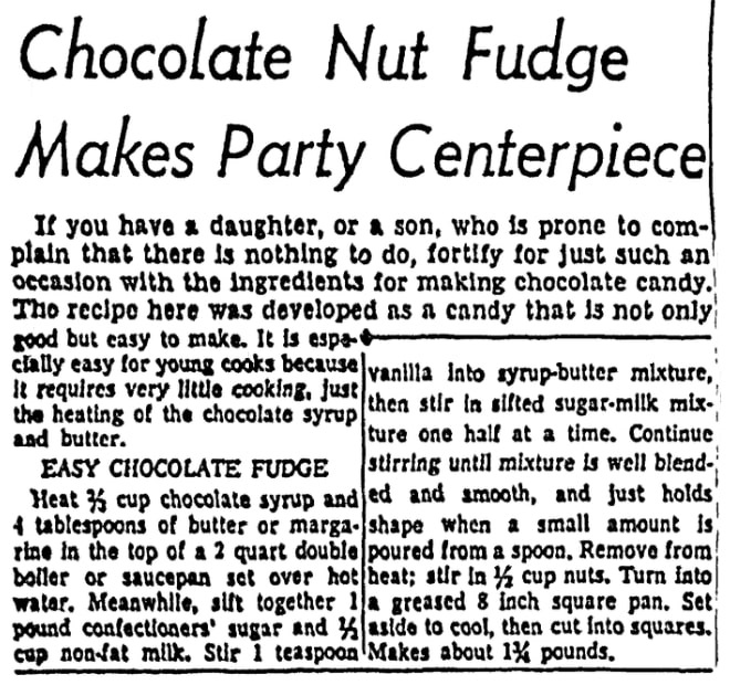 A recipe for fudge, El Paso Herald-Post newspaper article 4 September 1959