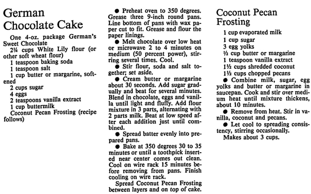 A recipe for German chocolate cake, Huntsville Times newspaper article 20 December 1995