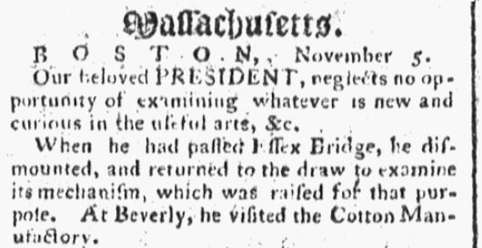 An article about the Beverly cotton mill, Massachusetts Spy newspaper article 12 November 1789